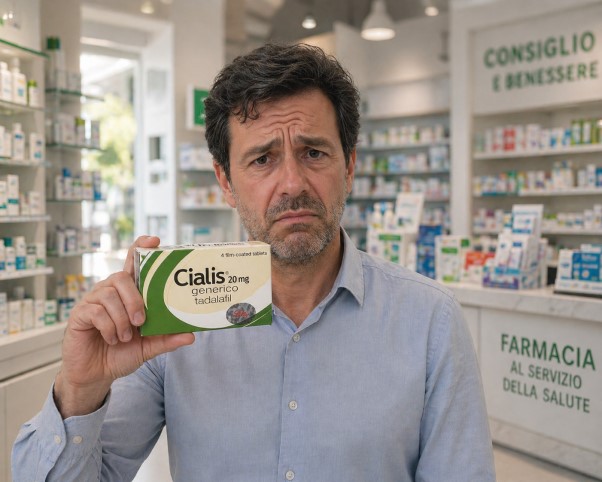 Uomo in farmacia italiana con confezione di Cialis generico 20 mg tadalafil