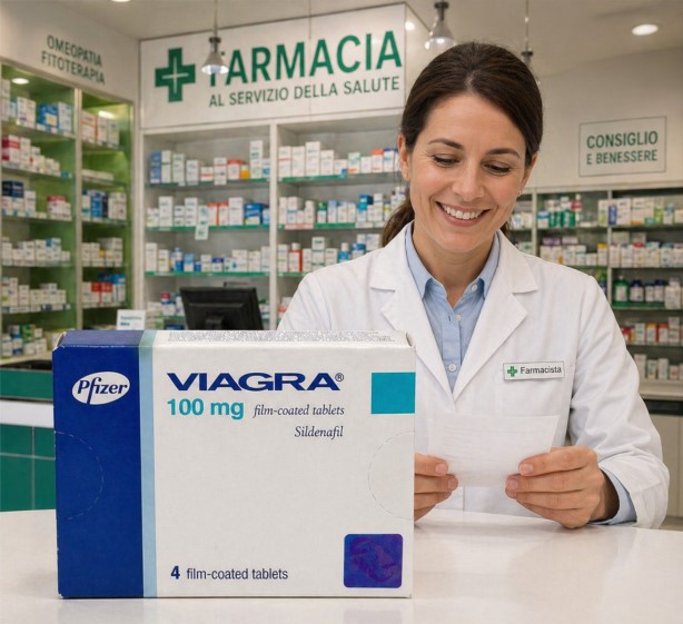 Viagra online - Farmacista italiano con confezione riservata di Viagra 100 mg sildenafil in farmacia